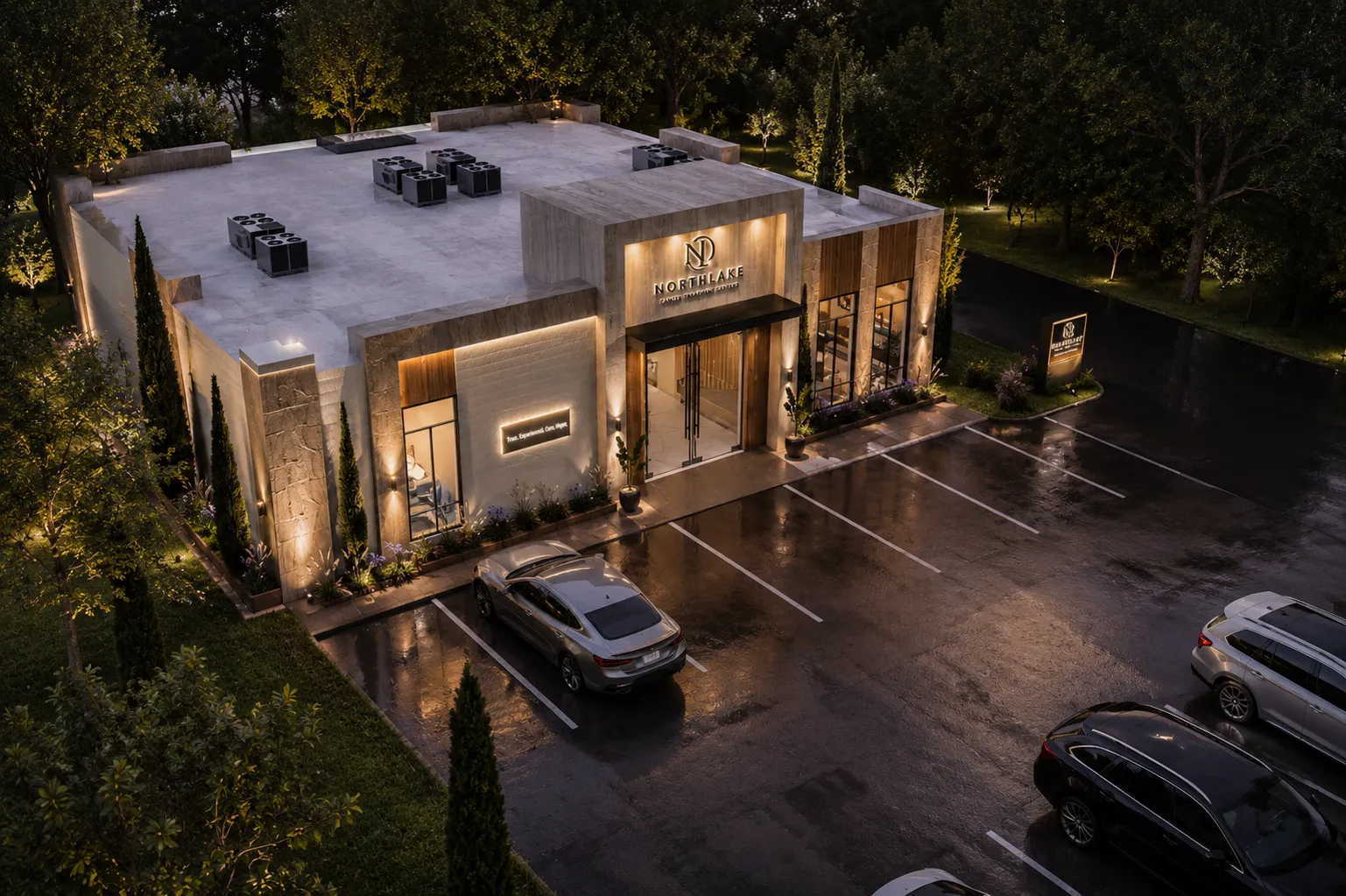 Northlake Concierge Medical Center aerial parking view at dusk